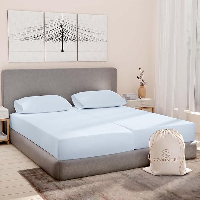 Good Sleep Bedding Split King Sheets Sets for Adjustable Bed, 5 Piece, 100% Egyptian Cotton Sheets for Adjustable Beds, Sateen Weave, Ultra-Soft, 16" Deep Pocket BedSheets - Light Blue