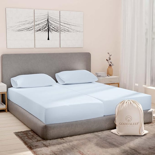 Good Sleep Bedding Split King Sheets Sets for Adjustable Bed, 5 Piece, 100% Egyptian Cotton Sheets for Adjustable Beds, Sateen Weave, Ultra-Soft, 16" Deep Pocket BedSheets - Light Blue