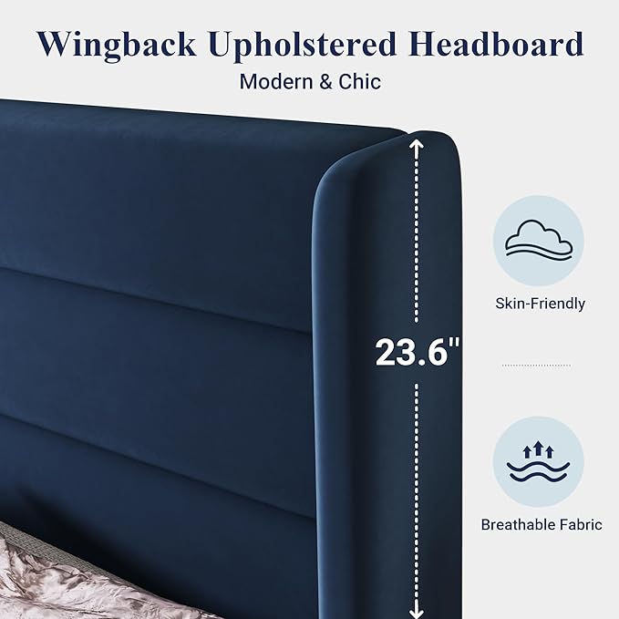 Allewie King Size Platform Bed Frame with Velvet Upholstered Wingback Headboard, No Box Spring Needed, Under Bed Storage Space, Wooden Slats, Modern Mattress Foundation, Easy Assembly, Blue