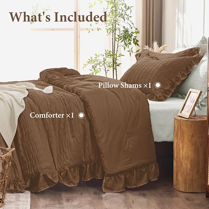 JOLLYVOGUE Twin Size Comforter Set, 2 Pieces Oak Brown Seersucker Lightweight Fluffy Bedding Set, Twin Ruffle Comforter, All Season Soft Microfiber Shabby Chic Bed Set