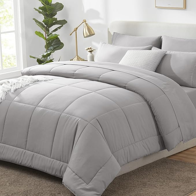 CozyLux Oversized King Comforter Sets French Grey, 7 Pieces Bed in a Bag, Ultra-Soft All Season Bedding Sets with Stitch Quilted Comforter, Flat Sheet, Fitted Sheet, Pillowcases