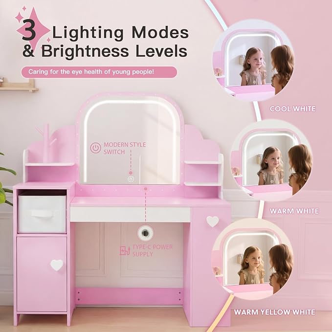 Kids Vanity with Lights and Chair, Princess Makeup Vanity Desk with Mirror Bookshelf Storage Cabinet,3 in 1 Toddler Vanity Table,Children Makeup Dressing Table,Pretend Play Vanity for Little Girl-Pink