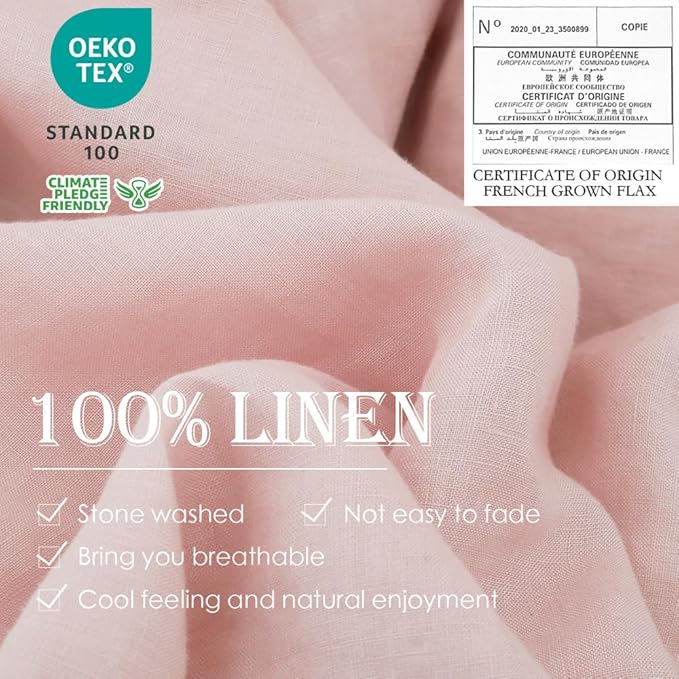 Simple&Opulence 100% Linen Duvet Cover Set 3pcs Basic Style Natural French Washed Flax Solid Color Soft Breathable Farmhouse Bedding with Button Closure - Blush Pink, Queen