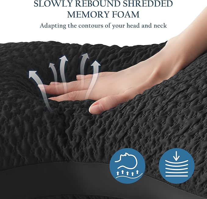 Side Sleeper Pillow for Neck & Shoulder Comfort, Cooling Cervical Contour Gusseted Pillow for Hot Sleepers, Adjustable Luxury Shredded Memory Foam, Washable Cover, Black Standard Size