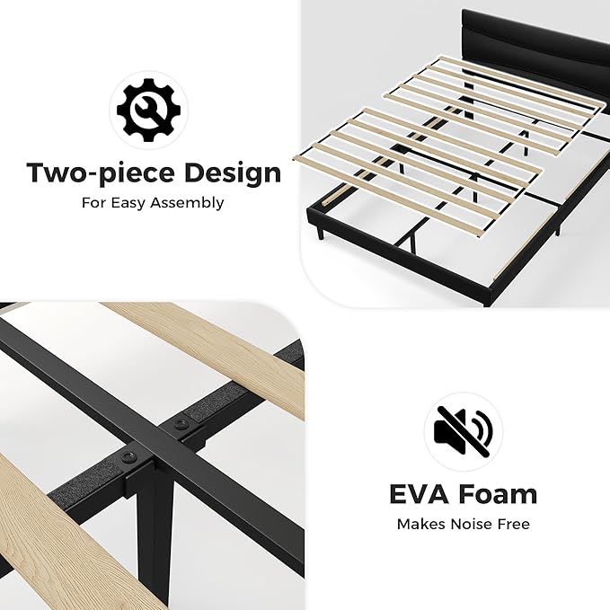 GarveeHome Queen Modern Upholstered Bed Frame with Soft Padded Headboard,Sturdy Metal Steel Slat Support, Noise-Free Quiet Design,Easy Assembly,Heavy Duty Stable Bed Frame(Black)