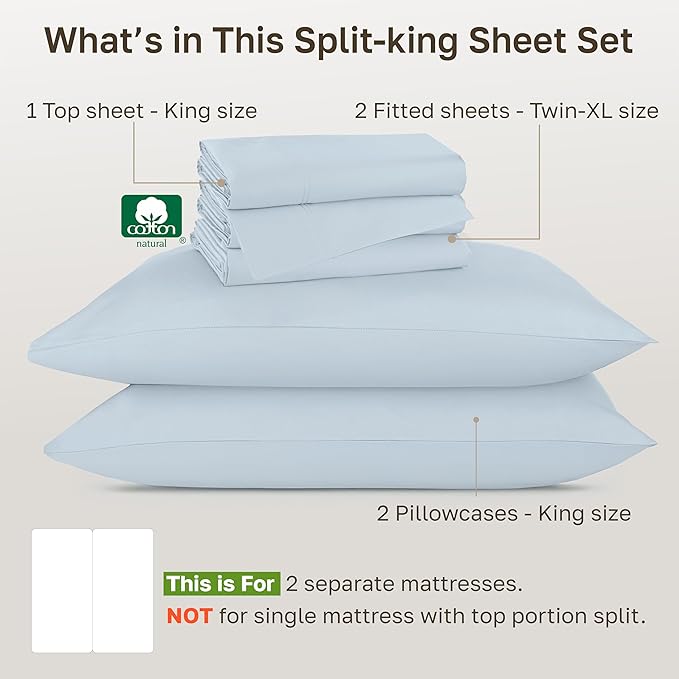 California Design Den Split Top King Sheets Sets for Adjustable Bed - Luxury Hotel 800 Thread Count Sateen, Natural 100% Cotton Sheets, Durable Deep Pockets Bedding Set - Blue (Grey Tone)