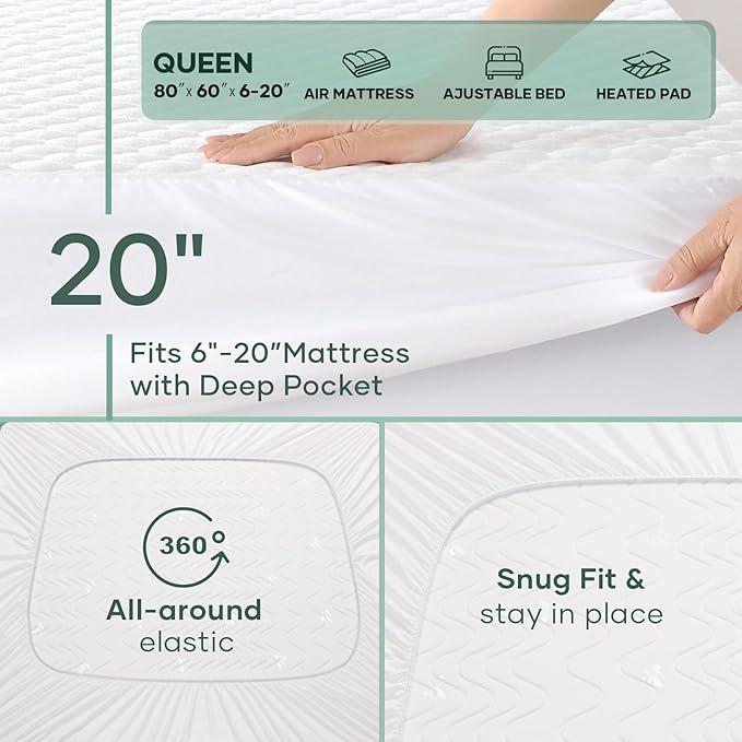 OhGeni 100% Waterproof Queen Size Mattress Protector,Soft Mattress Pad, Cooling Breathable Fitted Sheets,Washable Bed Cover,Non-Slip Deep Pocket,Noiseless for Bedroom