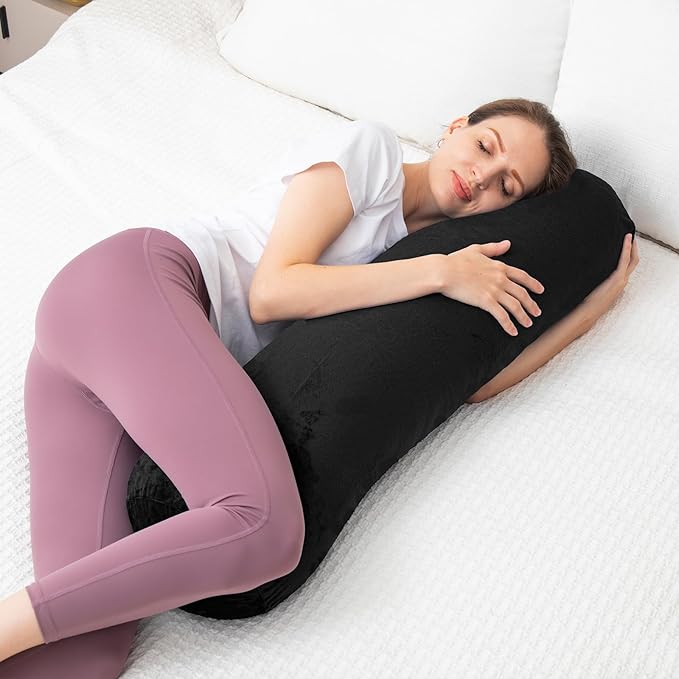 1 MIDDLE ONE Round Body Pillow for Adults, Long Bolster Pillow for Bed with Removable Velvet Cover, Decorative Tube Roll Cylinder Pillow, 35 x 7.87 Inch, Black