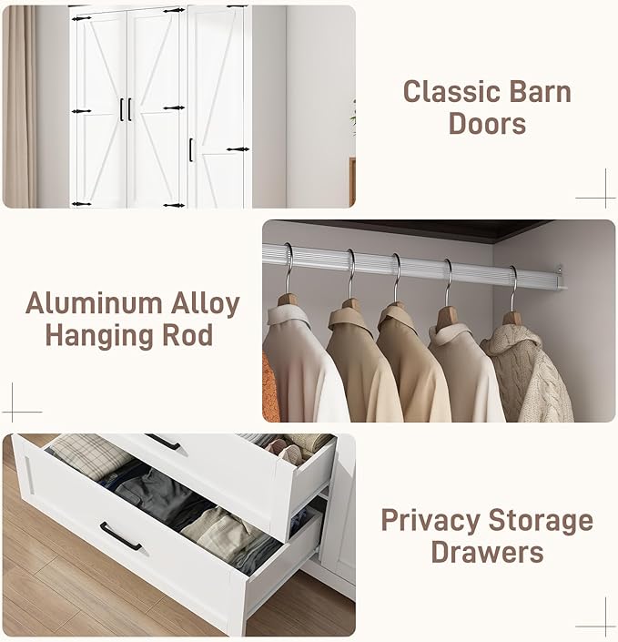 Hlivelood 3 Doors Wardrobe Armoire Closet with Doors and Drawers, Farmhouse Wooden Armoire Storage Cabinet with Shelves & Hanging Rod for Bedroom, White