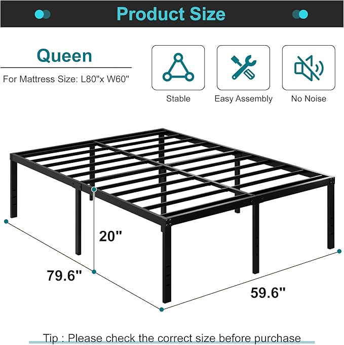Maenizi 20 Inch Queen Bed Frame No Box Spring Needed, Heavy Duty Metal Queen Platform Bed Frame Support Up to 3000 lbs, Easy Assembly, Noise Free, Black