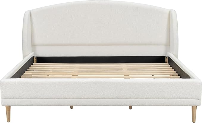 King Size Upholstered Platform Bed Frame with Boucle Fabric Wingback Headboard Solid Wood Legs No Box Spring Modern Bed Frame, White