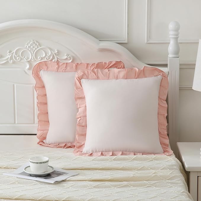 Merryword Beige and Pink Reversible Pillowcases 18x18 Throw Pillow Covers Pack of 2 Soft Microfiber Ruffle Decorative Pillowcase Cushion for Couch Sofa Bedroom
