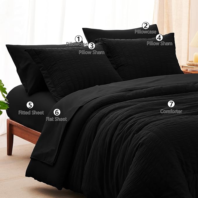 CozyLux California King Comforter Set with Sheets 7 Pieces, Black Seersucker Bed in a Bag Cal King Luxury Soft Bedding Sets with Down Alternative Comforter, Sheets, Pillowcases & Shams for All Season