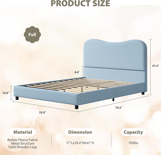 GarveeHome Boucle Full Size Bed Frame with Upholstered Headboard, Soft Low Profile Sturdy Platform Bed with Rounded Corners Design, Heavy Duty, Wooden Slats, Noise Free, No Box Spring Needed, Blue