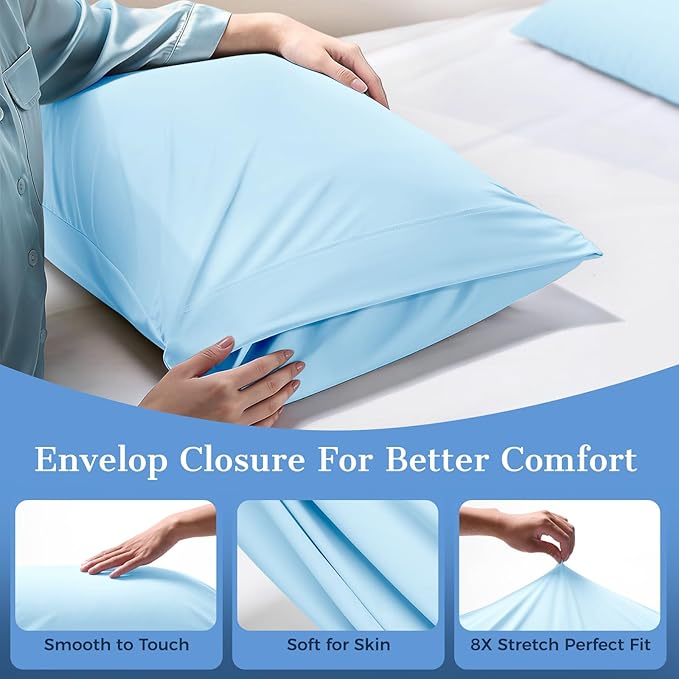 Cooling Pillow Cases 2 Pack Standard Size Cooling Pillowcases for Hot Sleeper Q-Max>0.5, Hydrates Skin & Hair, Reduces Wrinkles & Frizz, Soft Smooth Silky Pillowcases Envelope Set of 2, Blue