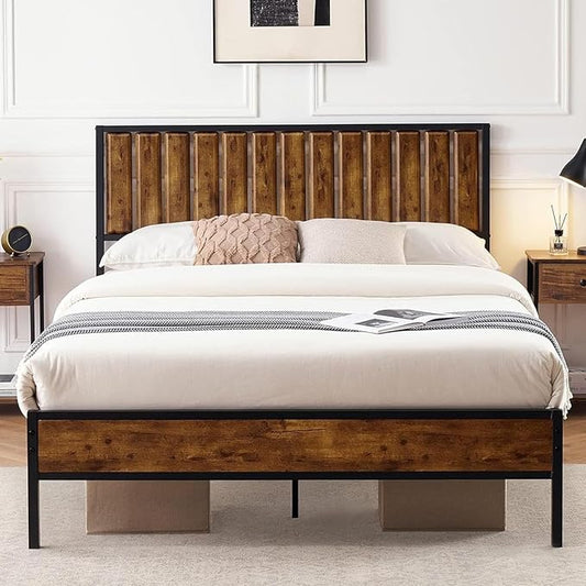 GarveeHome Full Size Bed Frame with Wood Headboard, Metal Platform Bed Frames with Heavy Duty Steel Slats, No Box Spring Needed, Under Bed Storage, Rustic Brown, Full