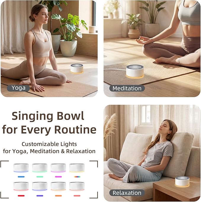 Kipcush Automatic Tibetan Meditation Bowl Sound Machine - 7 Himalayan Tones + 7 Color Night Light - Timer & Touch Control - No Manual Striking for Yoga, Chakra Healing, Stress Relief - Plug In