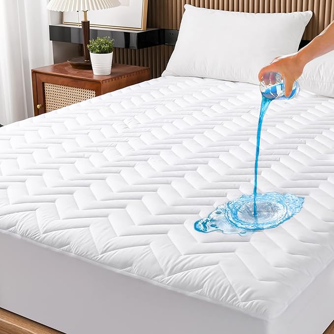 Twin Size Waterproof Mattress Protector Quilted, Breathable Ultra-Soft Filling Mattress Pad, Fitted Deep Pocket Mattress Cover Fits 6''-19'' Mattress White