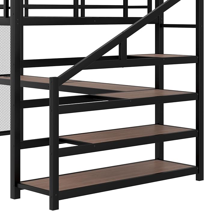 Queen Size Loft Bed with Desk and Storage Stairs,Metal Heavy Duty Loft Bed Queen Size with LED Light, Charging Station, LoftBed Frames for Teens, Adults, No Box Spring Needed, Black