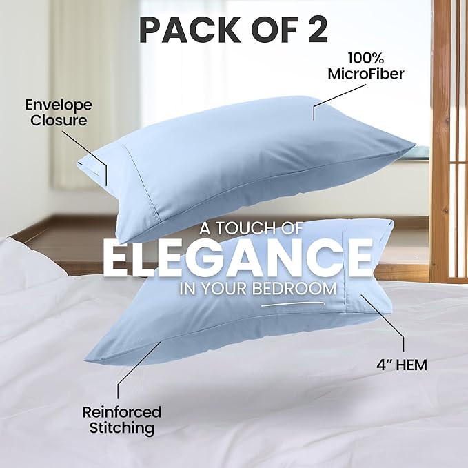 Utopia Bedding Pillow Cases Standard Size 2-Pack – Soft Brushed Microfiber – Envelope Closure – Perfect for Hospitals, Hotels, Guest Rooms – Oeko-TEX Certified, 20x26 Inches (Ice Blue)