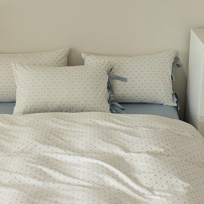 VM VOUGEMARKET Full Duvet Cover with Blue Flower Prints,100% Cotton Bedding Set,Yellow Plaid Grid Comforter Cover with Zipper Closure,80x90 Inch