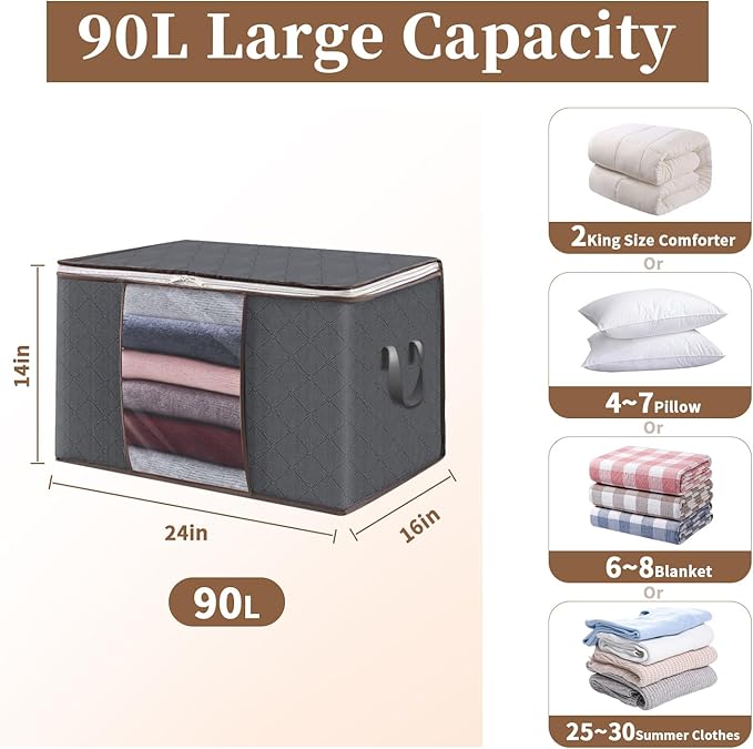 90L Clothes Blanket Storage Bags, 6 Pack Under Bed Storage Bins with Lids, Foldable Closet Organizer with Reinforced Handles for Clothing, Blanket, Comforters, Bed Sheets, Pillows and Toys, Gray