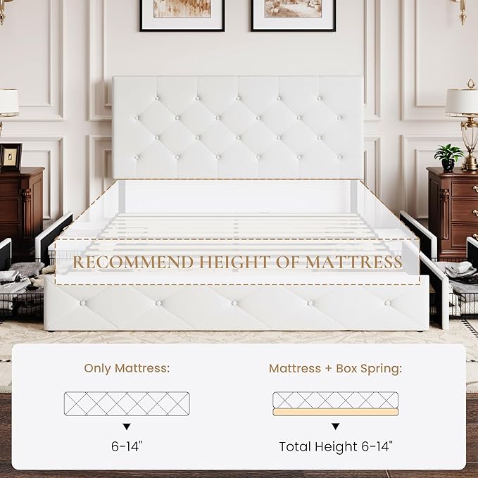 SHA CERLIN Full Size Platform Bed Frame with 4 Oversized Storage Drawers, Adjustable Headboard with Velvet Upholstery, Square Button Tufted Design, Wooden Slat Support, No Box Spring Needed, White
