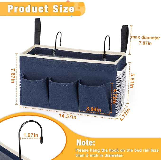 Lilithye Bedside Caddy Bedside Organizer Bedside Storage Caddy with Fixed Straps and Water Bottle Holder for Home College Dorm Bunk Bed Hospital Bed Crib Bed Rails (2pcs Navy Blue)