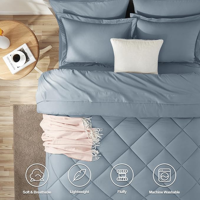 CozyLux Full Size Comforter Sets Dusty Blue - 7 Pieces Bed in a Bag Full, Luxury Soft Bed Set for All Seasons, Bedding Set with Down Alternative Comforter, Sheets, Pillowcases & Shams, Grayish Blue