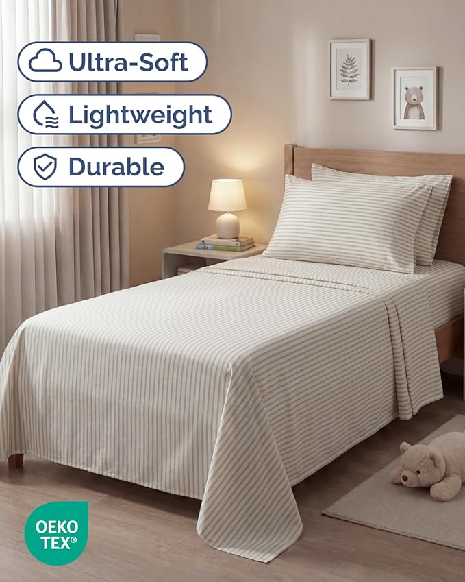 Twin 4 Piece Sheet Set - Comfy, Breathable & Cooling - Soft Hotel Luxury Bedding for Women, Men, Kids, Teens and Children - 1 Flat & 1 Fitted Sheet & 2 Pillowcases with Deep Pockets - Beige Stripes 2