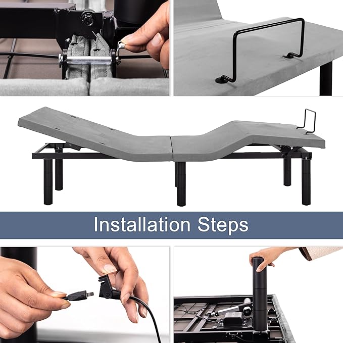 Fromann Adjustable Electric Twin XL Bed Base Frame with Massage, USB Type-C Ports, Zero Gravity, Under Bed Led Lighting and Three Leg Height (Grey)
