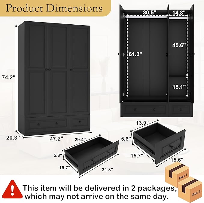 Armoire Wardrobe Closet with Drawers: 47" Black Wardrobe Closet with 3 Doors and 2 Drawers, Wood Clothes Armoire with Hanging Rod, Clothing Storage Cabinet for Bedroom