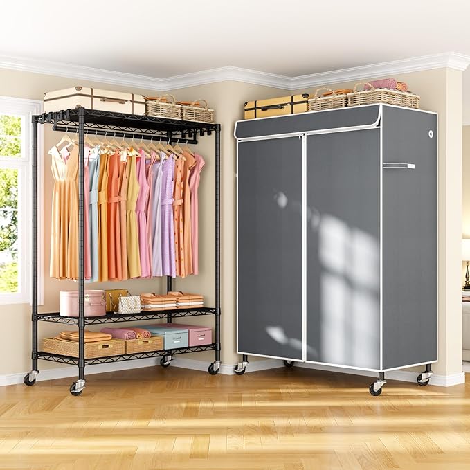 ULIFHOME P6C Plus Rolling Clothes Rack with Cover, Covered Clothing Rack Heavy Duty, Portable Closet for Hanging Clothes, Garment Rack on Wheels, Black Closet Rack with Gray Cover, Max Load 375LBS