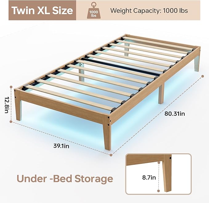Tyndall Twin XL Bed Frame with LED Lights, 12 Inch Solid Wood Platform Bed with Under Bed Storage, Wooden Slats Support, Natural Finish, No Box Spring Needed, Noise Free, Easy Assembly