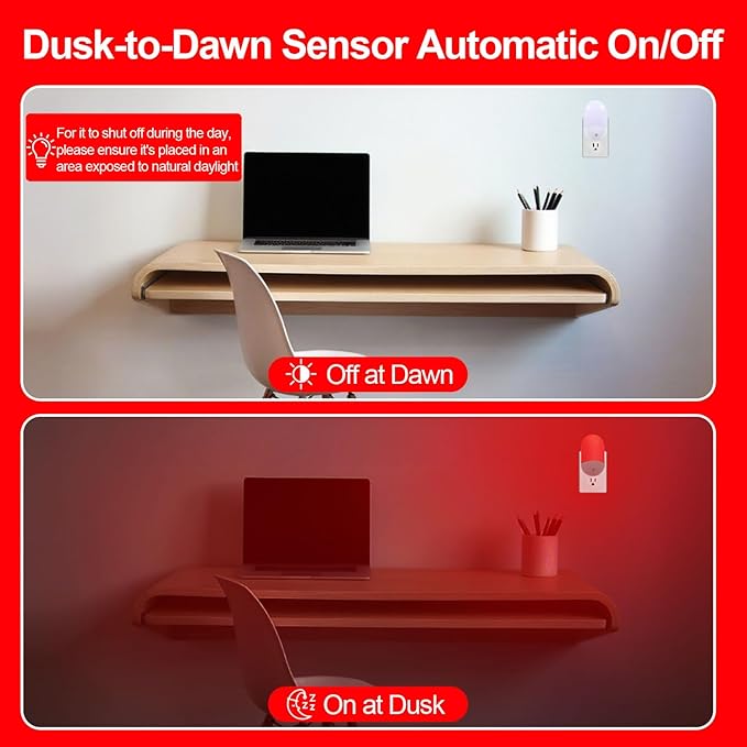 670nm Red Light Night Light for Sleep Therapy[3 Pack] - Zero Blue Light, with Dusk to Dawn Sensor Auto On/Off LED Night Light Plug into Wall for Nursery Bedroom Bathroom