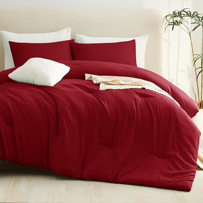 CozyLux Twin Comforter Set Dark Red, 2 Pieces Twin Extra Long Solid Breathable Bedding Sets for College Dorm, Twin XL Luxury Soft Bed Set with Down Alternative Comforter and 1 Pillowcase All Seasons