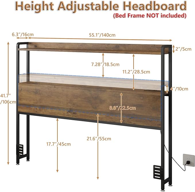 METYERRY Adjustable Full Size Headboard with Outlets, USB Ports,Type-C LED Lights, and Storage, Rustic Brown, Sturdy Bed Frame Headboard for Enhanced Comfort and Functionality, Full Size