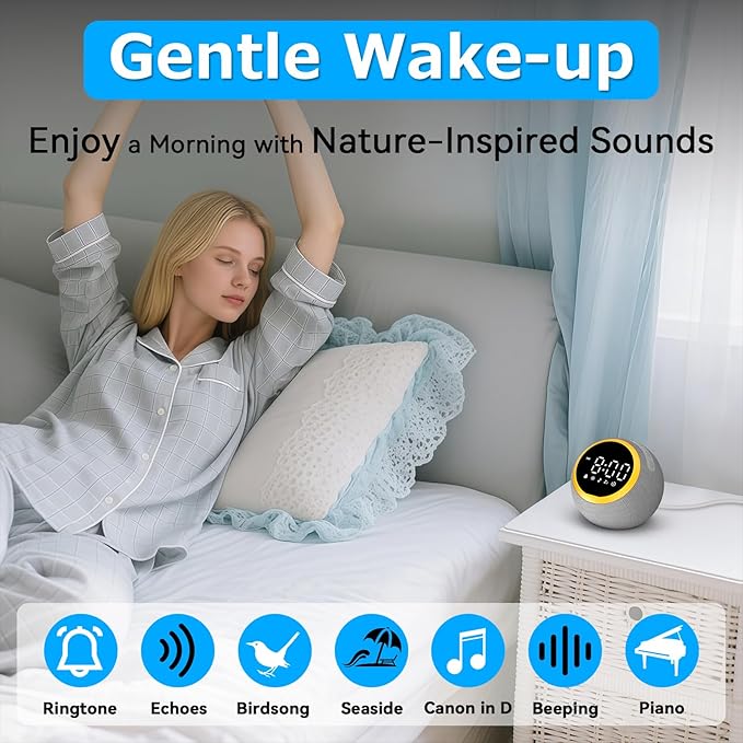 Sound Machine Alarm Clock for Sleep: Digital Alarm Clocks for Bedrooms, 25 Soothing Sounds, 7 Gentle Wake-up Sounds, 16 Adjustable Volume & Timer, Memory Function (Gray)