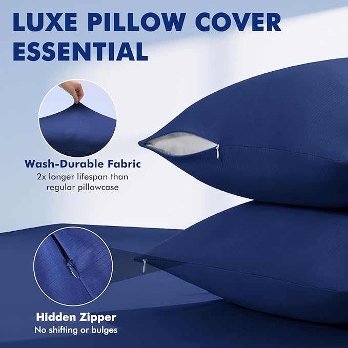 Elegear Cooling Pillow Cases for Hot Sleepers, Silver Infused Cooling Pillowcase with Q-Max>0.5, Silky Breathable Pillowcases for Hair & Skin, Zipper Anti Acne Pillowcases Set of 2-Standard, Navy Blue