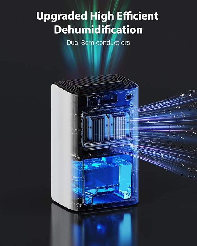 UBBO 95oz Dehumidifiers for Home, 1000 Sq.Ft Dehumidifier with Drain Hose - Auto Shut Off, Timer, Sleep Mode & Drain Hose - 7 Color Light for Bedroom, Bathroom, RV - White