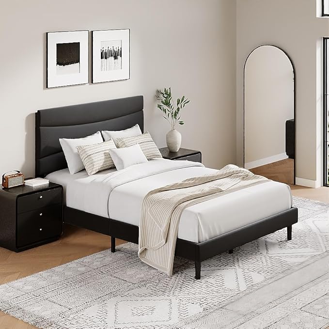 GarveeHome Full Modern Upholstered Bed Frame with Soft Padded Headboard,Sturdy Metal Steel Slat Support, Noise-Free Quiet Design,Easy Assembly,Heavy Duty Stable Bed Frame(Black)