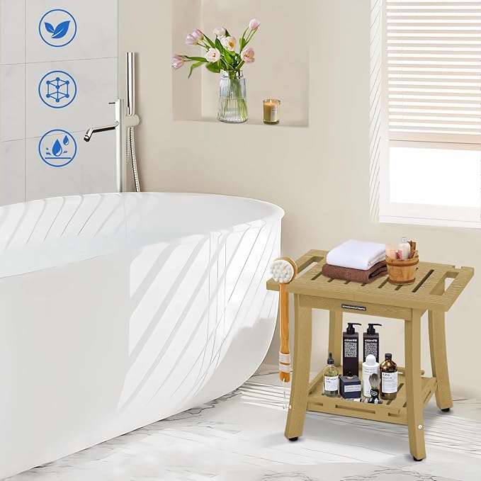 KingPavonini HDPS Shower Benches for Inside Shower to Sit on, Waterproof Shower Stool for Shaving Legs, Heavy Duty 400LBS Shower Seat with Storage Shelf, Shower Chair for Bathroom/Indoor/Outdoor Use