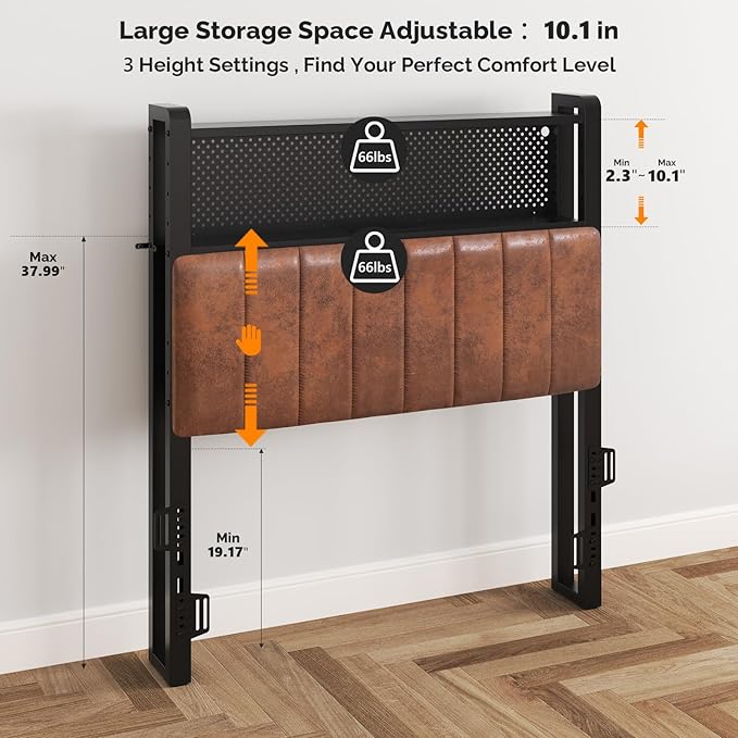 VINGLI Twin Size Headboard with Storage, Upholstered Head Board for Twin XL Bed, Charging Stations and LED Light, 2 Tier Shelves and Pegboard,Height Adjustable, Industrial Brown
