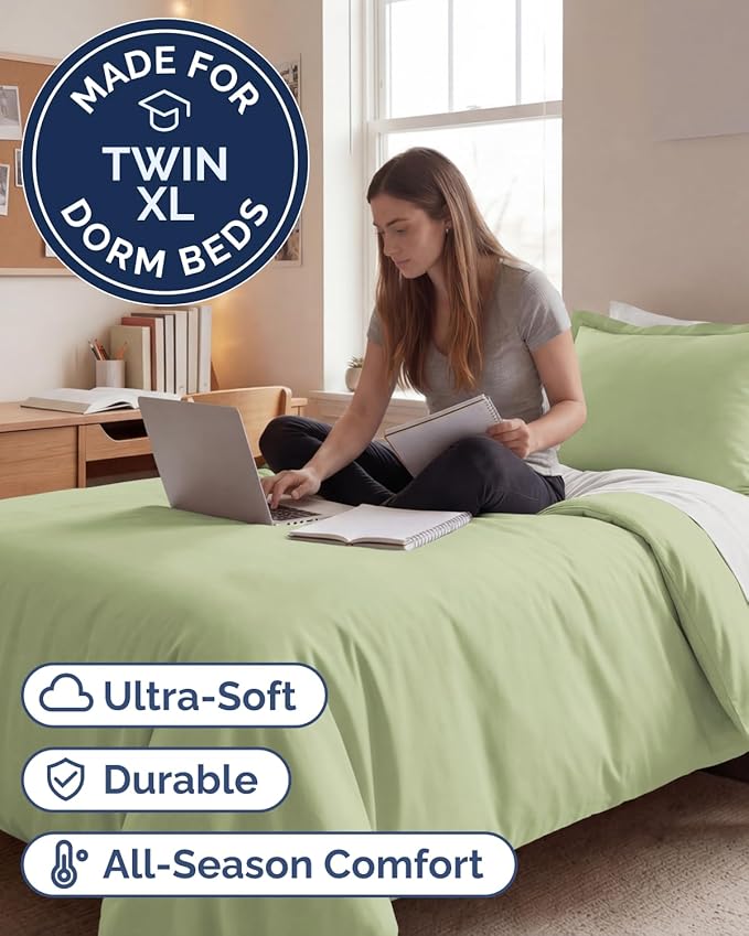 Duvet Cover Twin/Twin XL Size Set - Extra Soft Twin/Twin XL Duvet Cover 68" x 90" with 1 Pillow Sham - Hotel Luxury, Fade Free w/ Zipper Closures & Ties - Comfy, Cozy & Breathable (Light Sage Green)