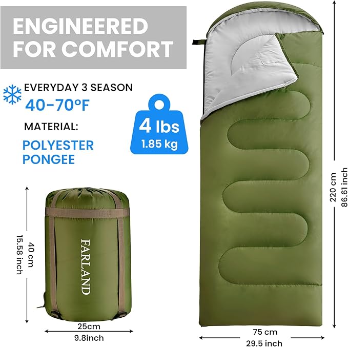 FARLAND Sleeping Bags for Adults, 3 Season Warm & Cool Weather, Lightweight Camping Sleeping Bag for Kids Family Camping Essentials with Compression Sack for Hiking