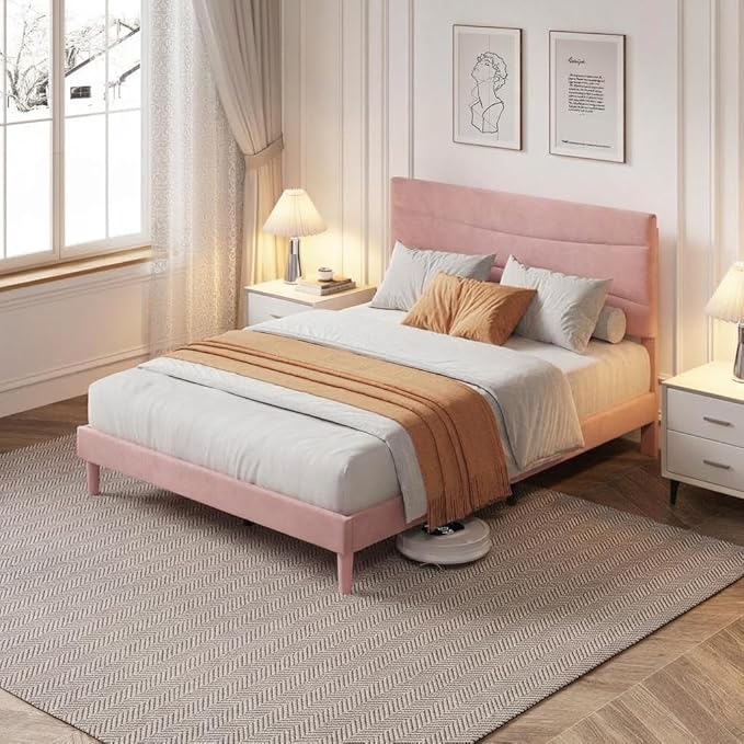 IDEALHOUSE Queen Size Upholstered Platform Bed Frame with Ergonomic Headboard, Beige Soft Fabric, Heavy Duty Wooden Slats, Noise-Free, 6.3" Underbed Storage, No Box Spring Needed, Easy Assembly