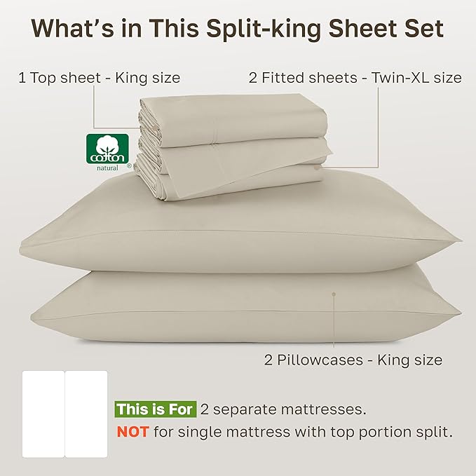 California Design Den Split King Sheet Set - Luxury 800 Thread Count, 100% Cotton Sateen, Bedding Set with Deep Pockets Sheets - Beige