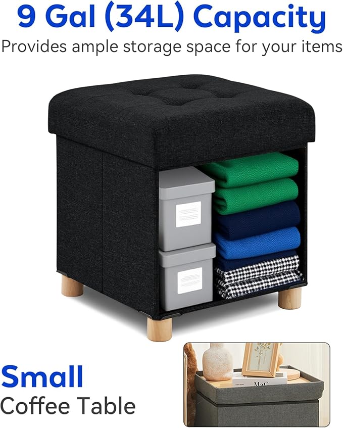 BRIAN & DANY Ottoman with Storage, Square Small Storage Ottoman Foot Rest with Legs, Ottomans Foot Stool for Dorm, Living Room, Entryway 14.8"x14.8"x17.8" (Black)