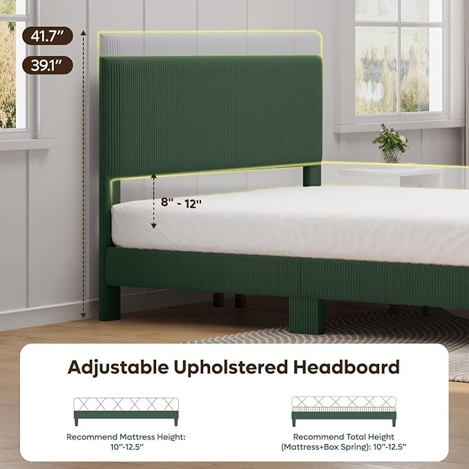Bestier Queen Bed Frame with Headboard,Platform Queen Size Bed Frame with LED Lighting,Bed Frame Wooden Slats Support,No Box Spring Needed,Never Squeaks, Easy Assembly,Green