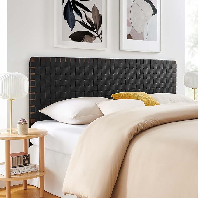Modway Sparta Vegan Leather Weave King Headboard in Walnut Black Faux Leather King Headboard Only, Height Adjustable Headboard, Freestanding Headboard for Primary Bedroom or Guest Room